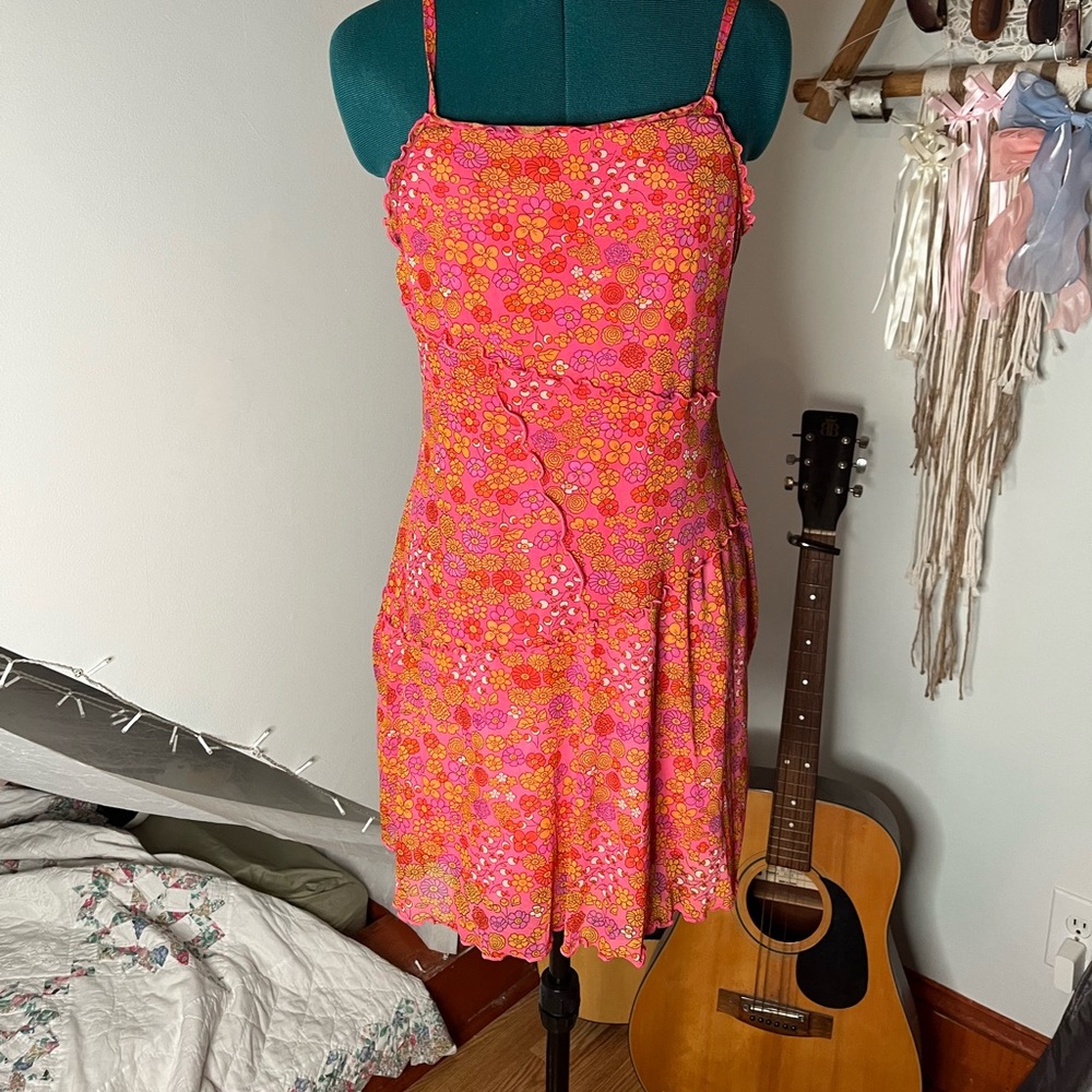 Pink floral wild fable mesh slip mini dress sleeveless Y2K new M